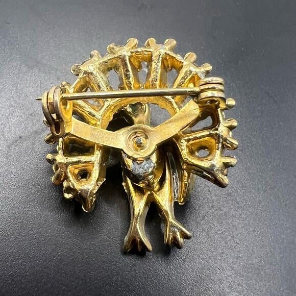 Vintage Cubic Zirconia Multicolored Peacock Brooch Gold Tone Holiday Jewelry - Picture 3 of 7